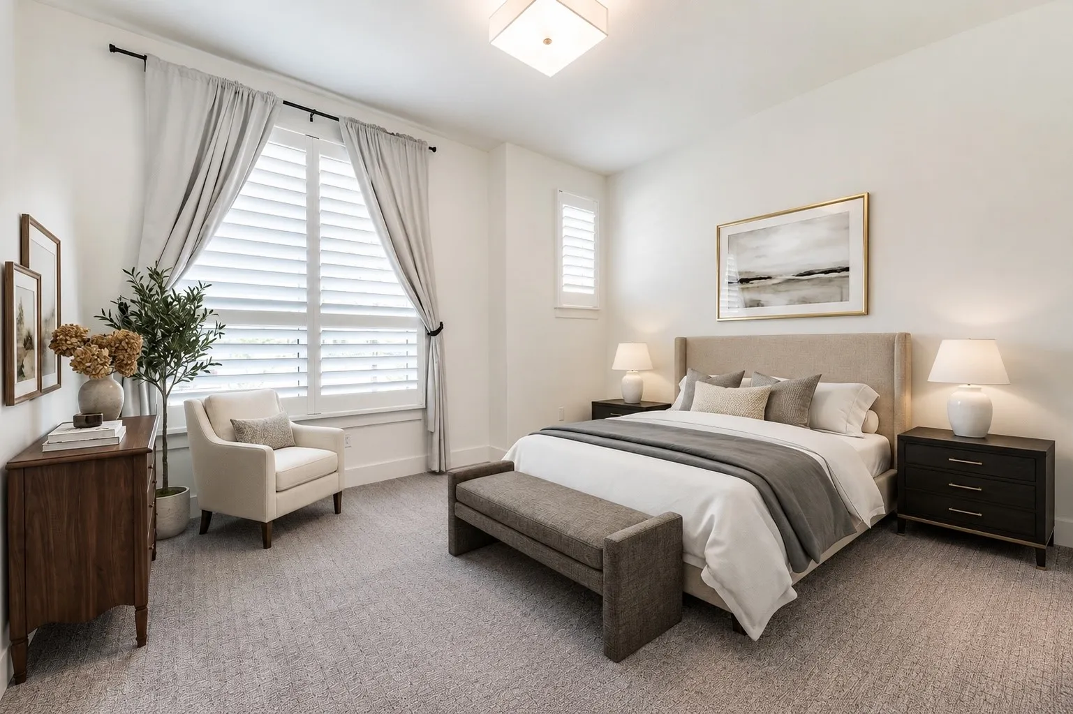 Private guest suite with berber carpet, plantation shutters and an ensuite bath offers comfort for family or overnight guests. Furniture, accents and accessories were Virtually Staged.