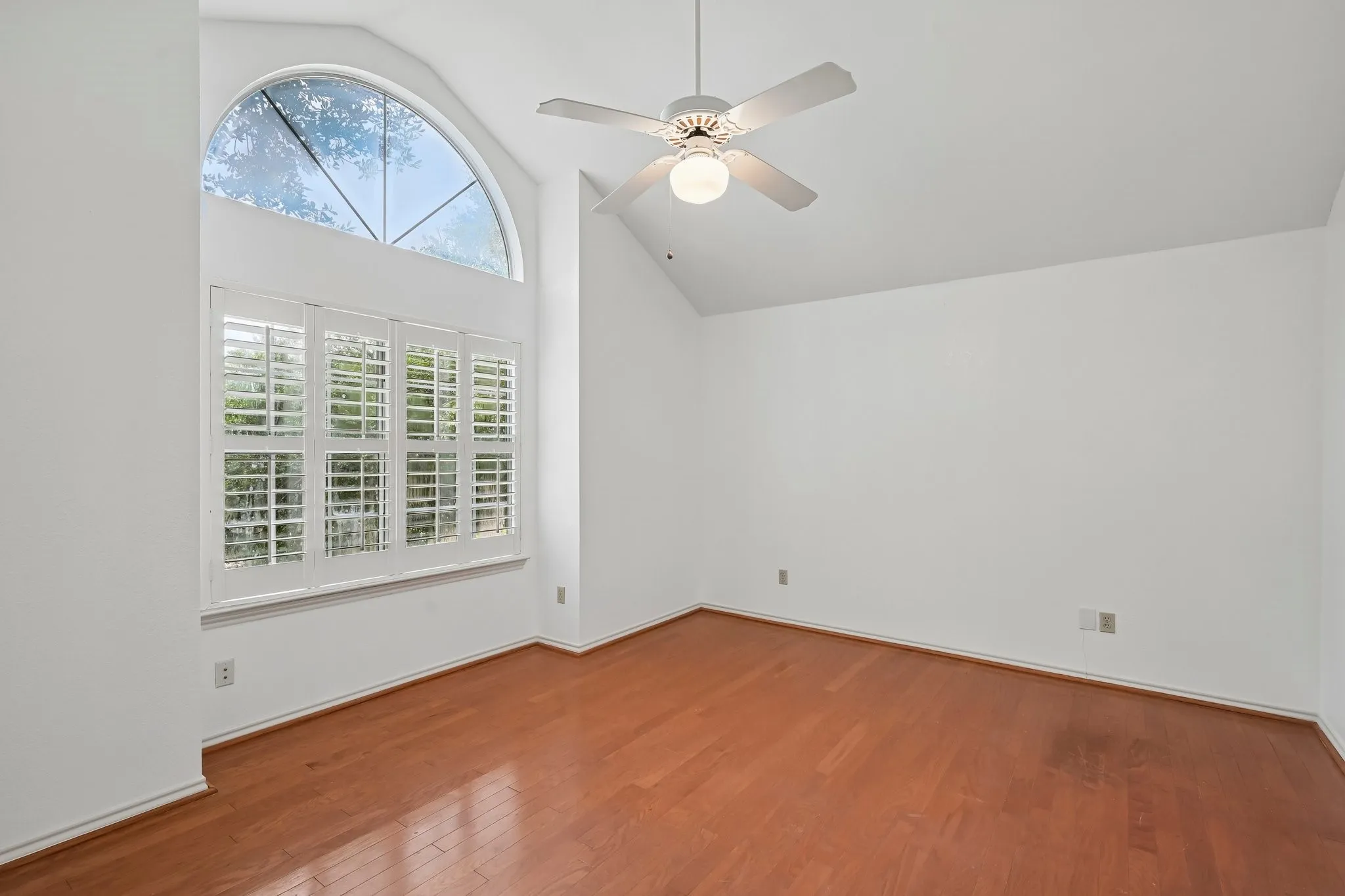 Room with vaulted ceiling, wood-finish flooring, and a large arched window