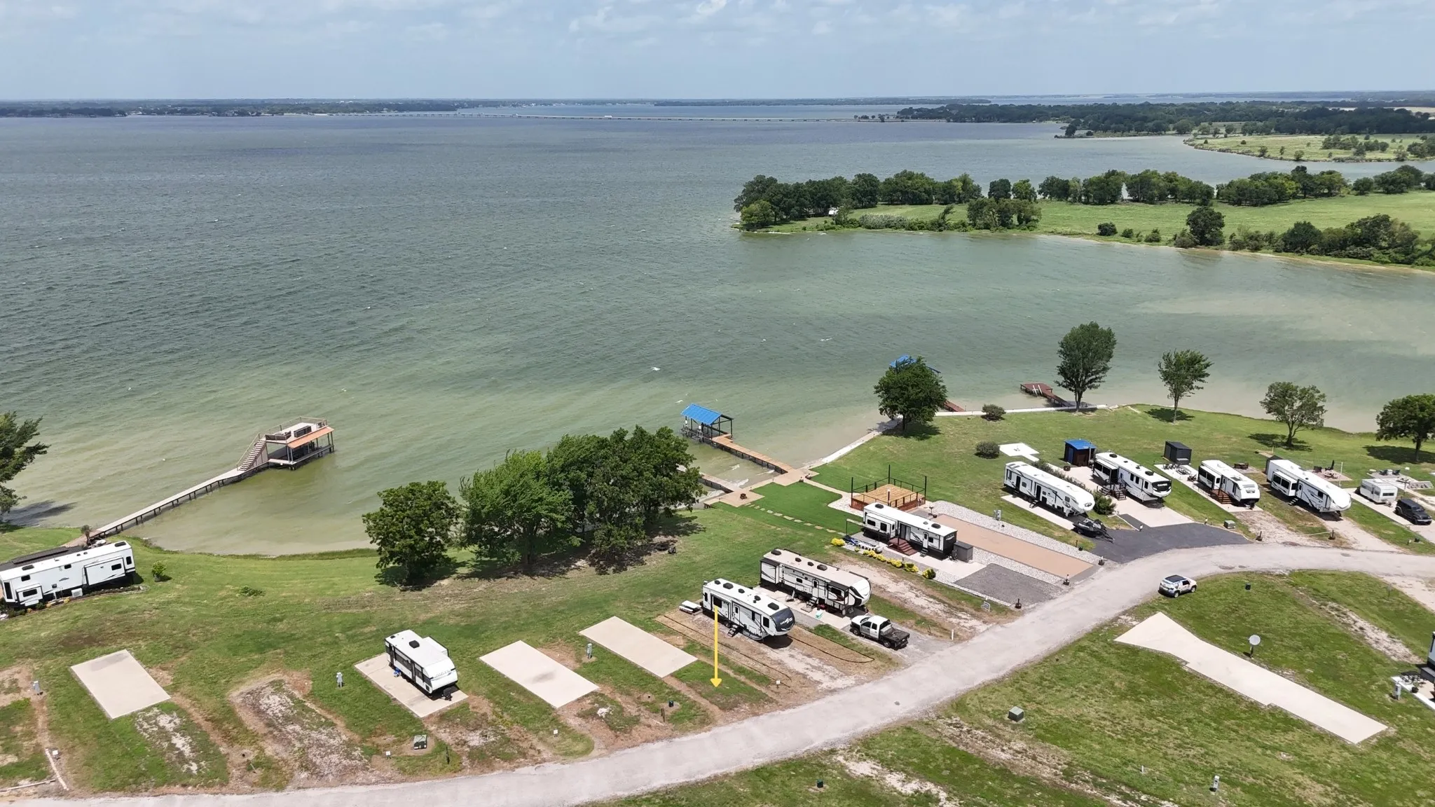 Bird’s-eye view of the RV community and shoreline.