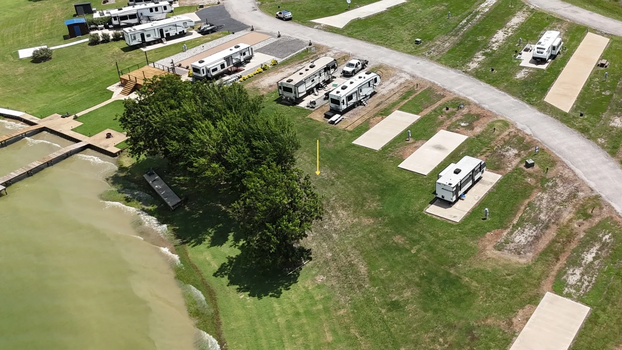 Aerial view of RV lots along the lake.