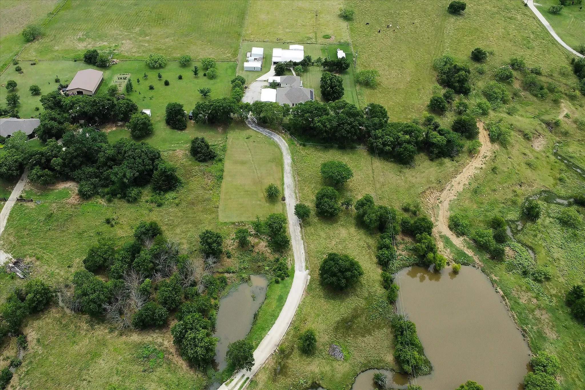 Expansive rural landscape featuring a winding paved road, multiple ponds, mature trees, and open green​​‌​​​​‌​​‌‌​‌‌​​​‌‌​‌​‌​‌​​​‌​​ spaces