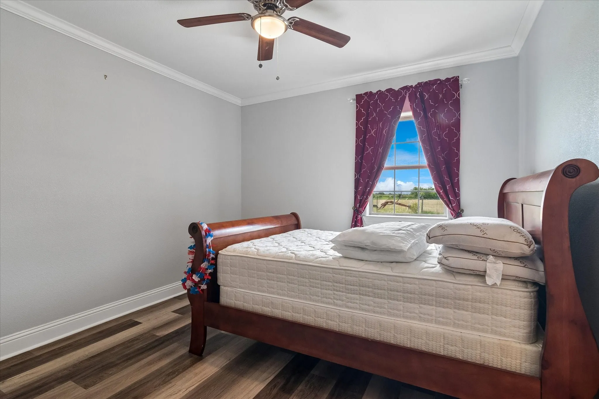 Bright interior featuring wood-finish flooring, light gray walls, white crown molding, and a ceiling fan with integrated lighting