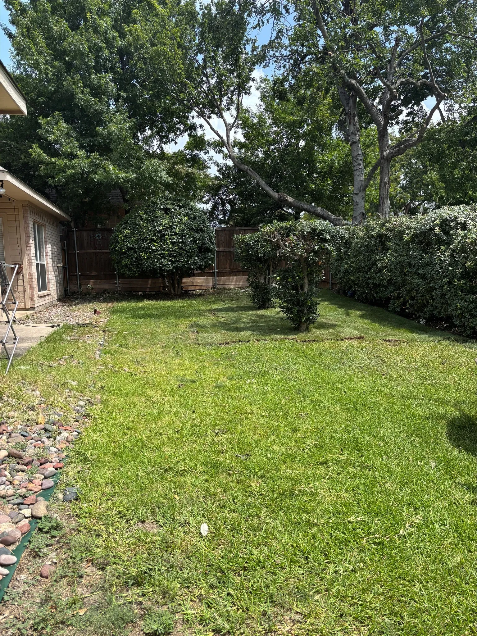 Manicured grassy yard featuring mature trees, established shrubs, wood fencing, and a decorative rock border