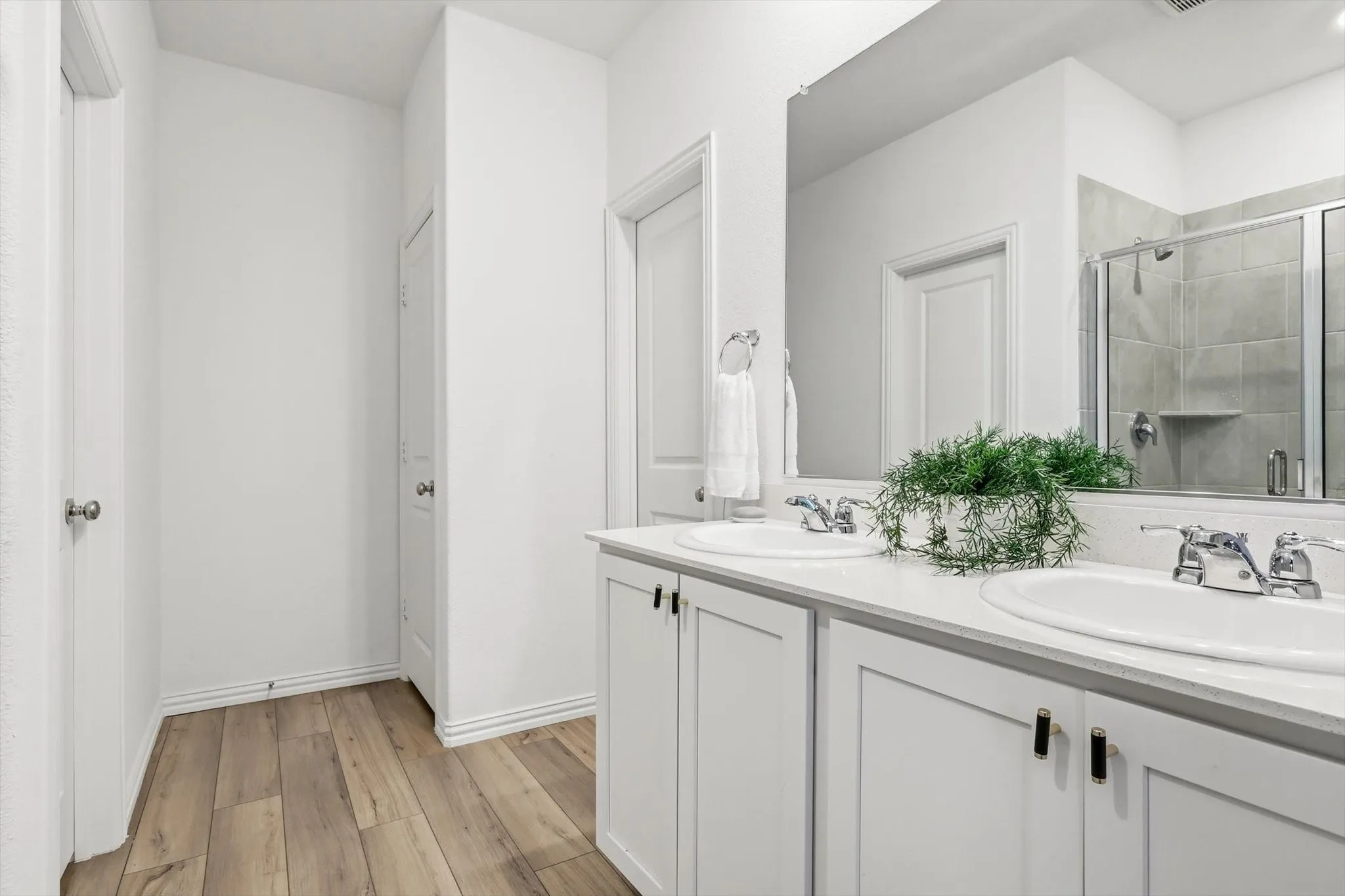 Dual sink vanity, linen closet ahead to the right, water closet to the left, and large walk-in closet to the right.