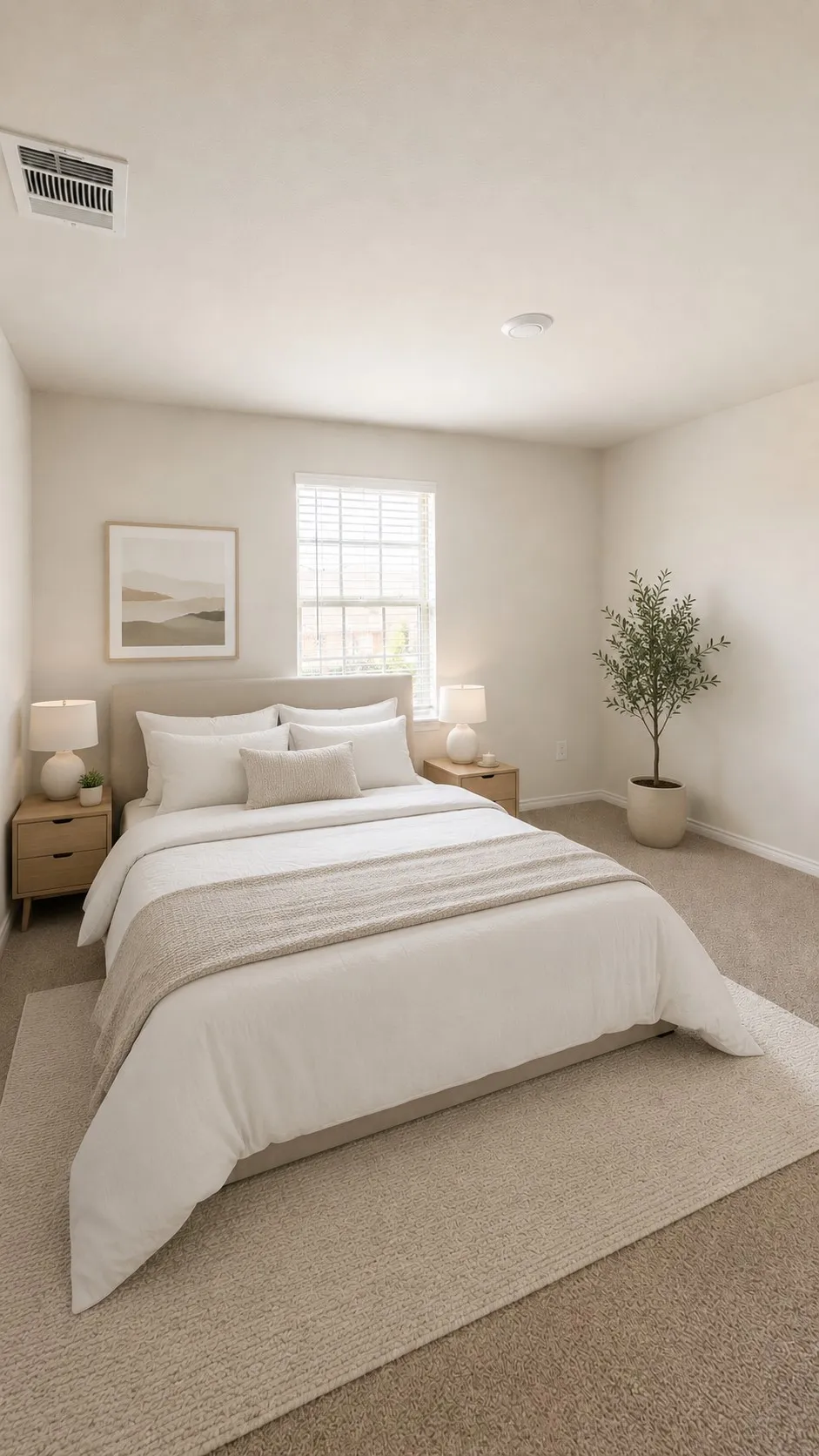 Carpeted room with a window featuring horizontal blinds