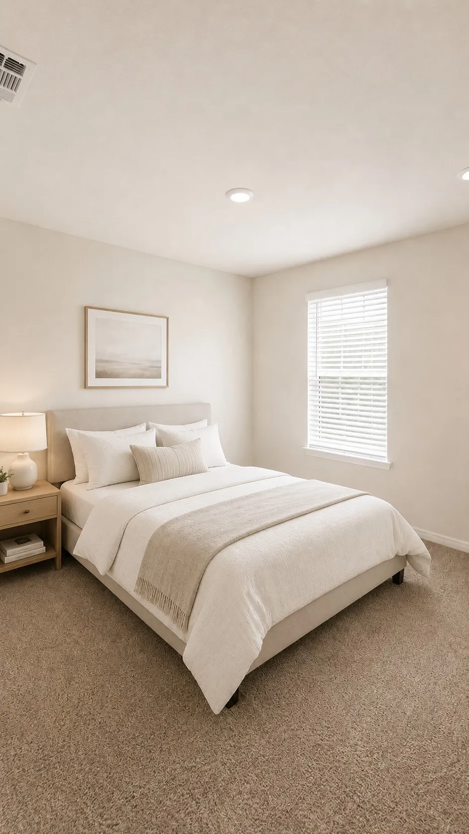 Carpeted room featuring a window with blinds, recessed lighting, and a ceiling vent
