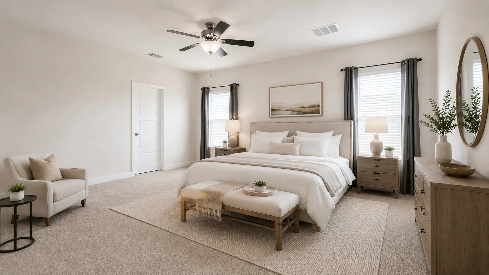 Carpeted bedroom featuring a ceiling fan, white paneled door, window with blinds and dark curtains, and light-colored walls