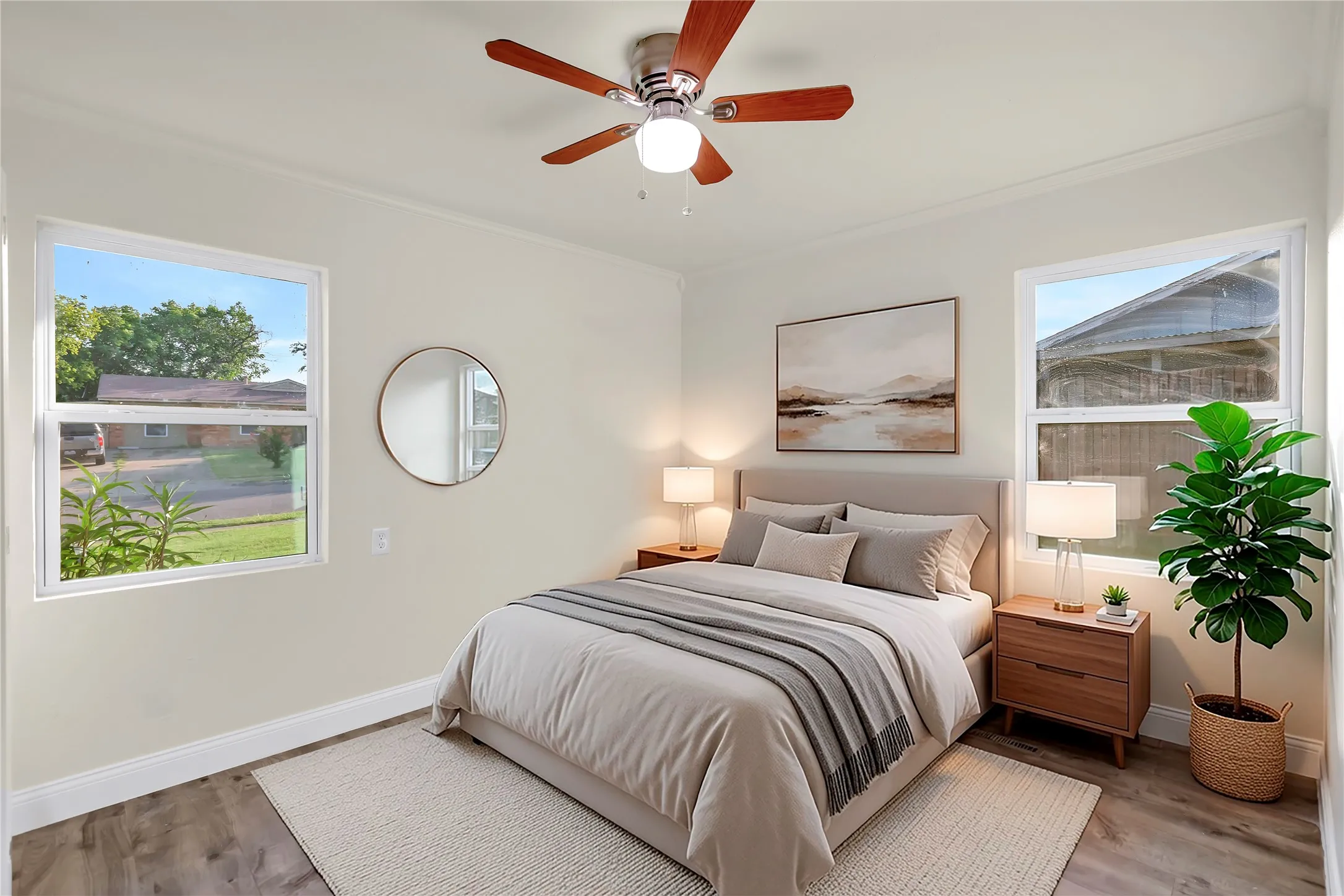 Bedroom featuring wood-finish flooring, two large windows, a ceiling fan with light fixture, light-toned walls, and white trim