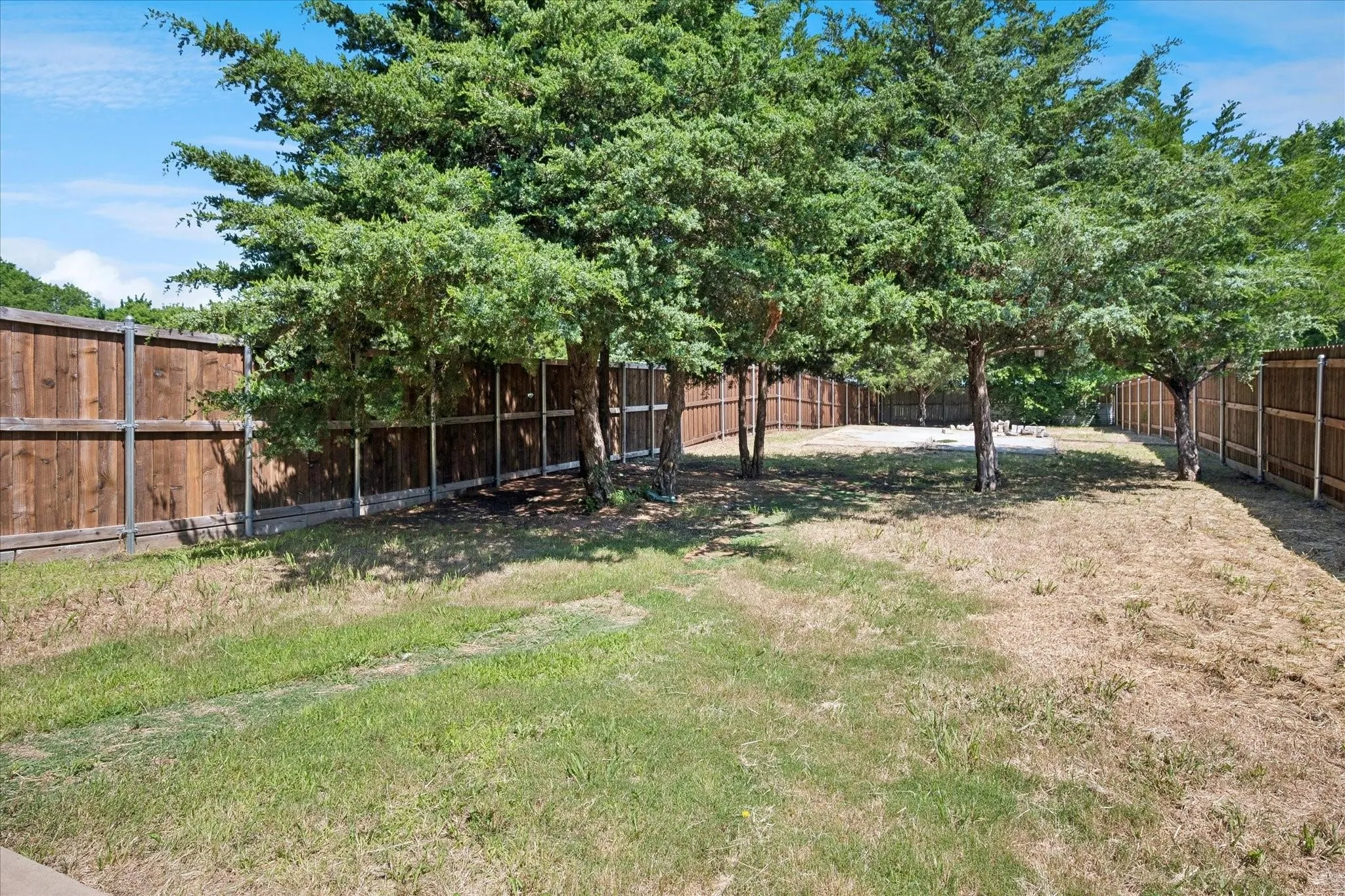 Spacious backyard featuring multiple mature trees and wood privacy fencing