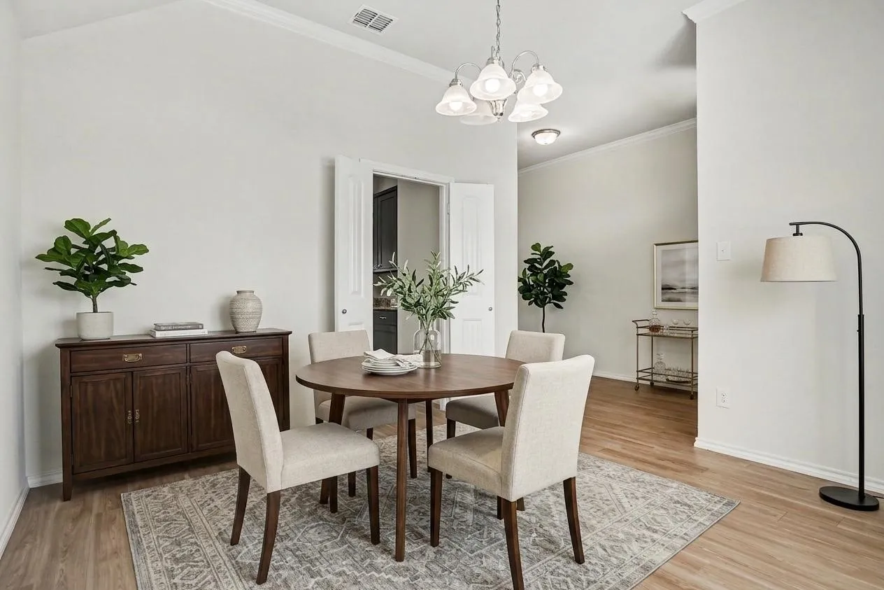 Virtually staged dining area featuring wood-finish flooring and crown molding