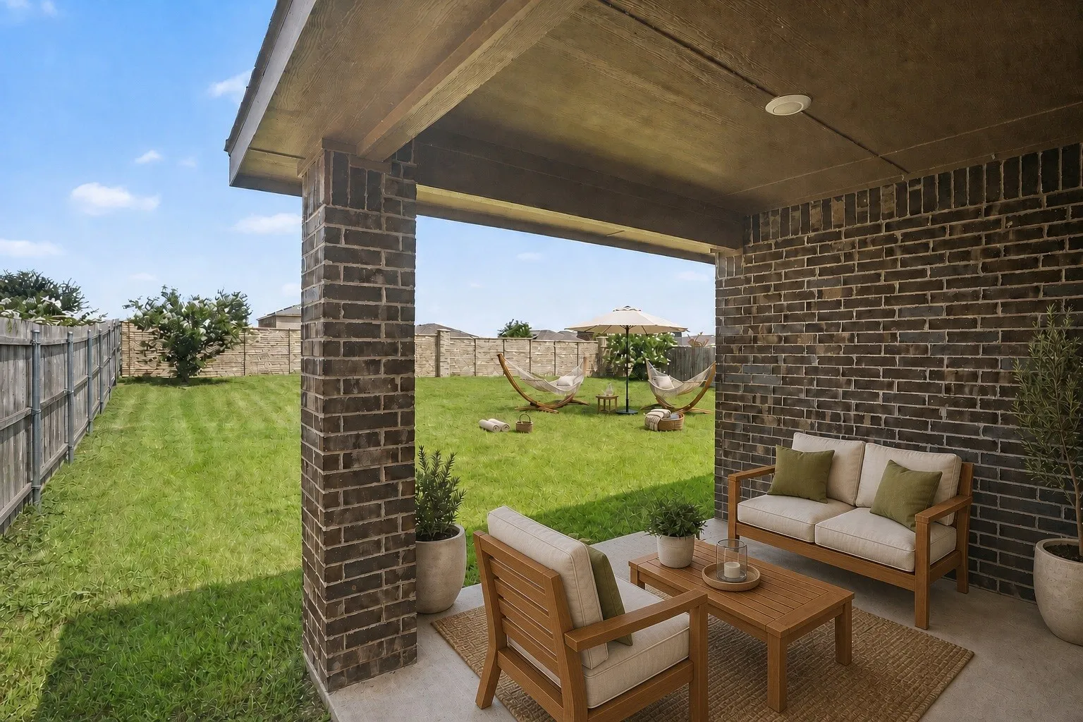 Virtually staged covered patio featuring a brick exterior wall, brick columns, and a concrete floor