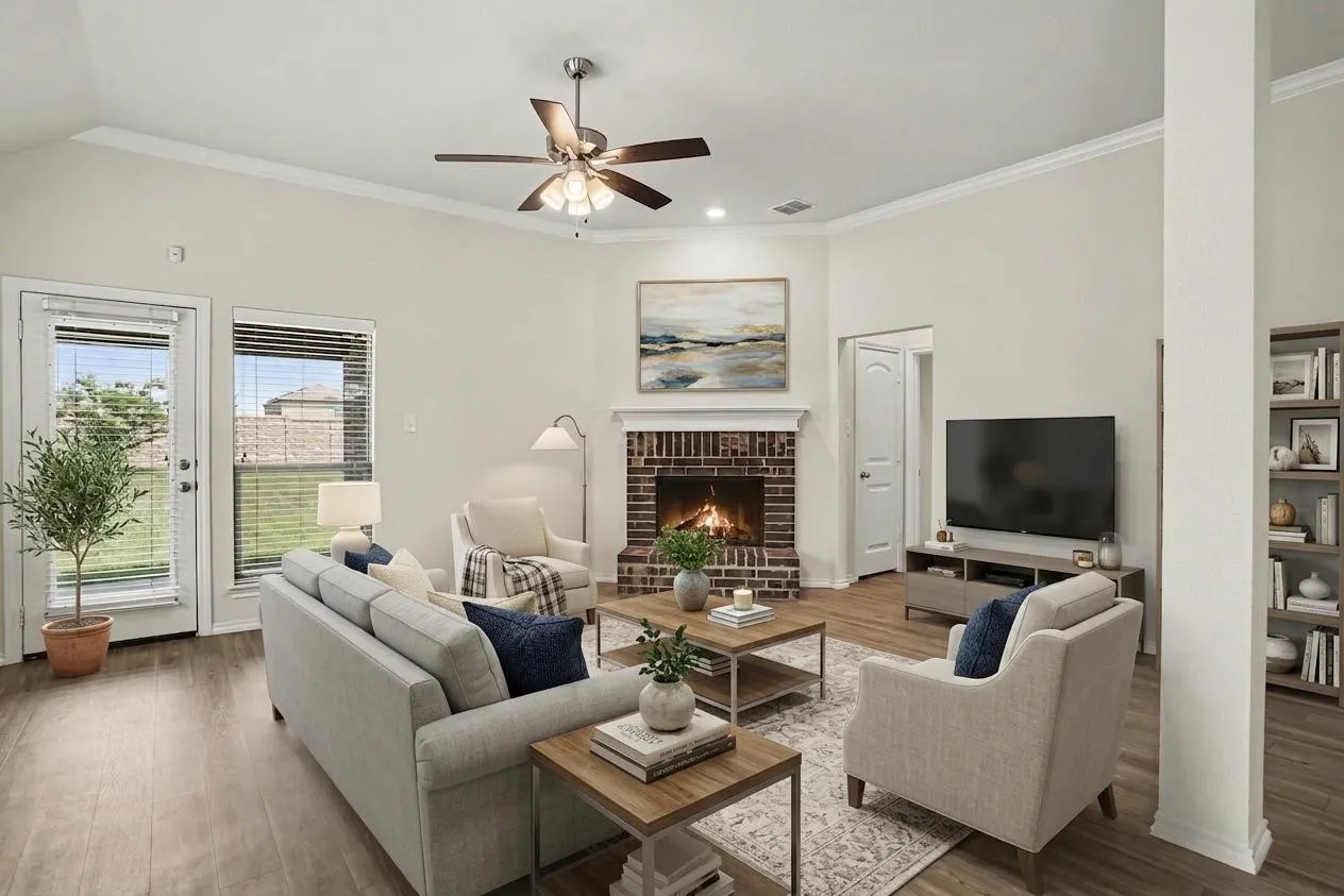 Virtually staged living area featuring wood-finish flooring, a brick fireplace with a white mantel, and vaulted ceilings
