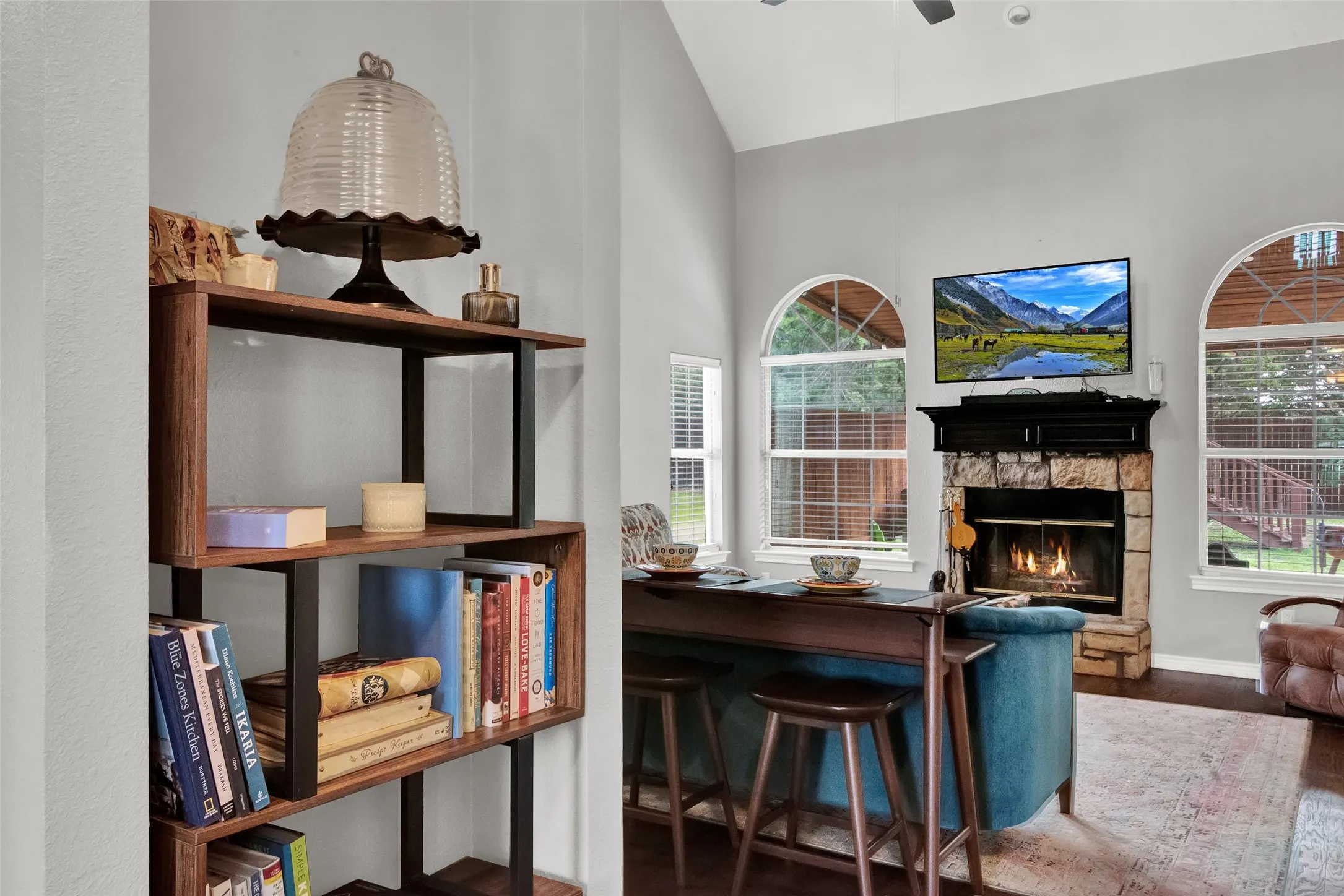 Enter the Living Area with Fireplace