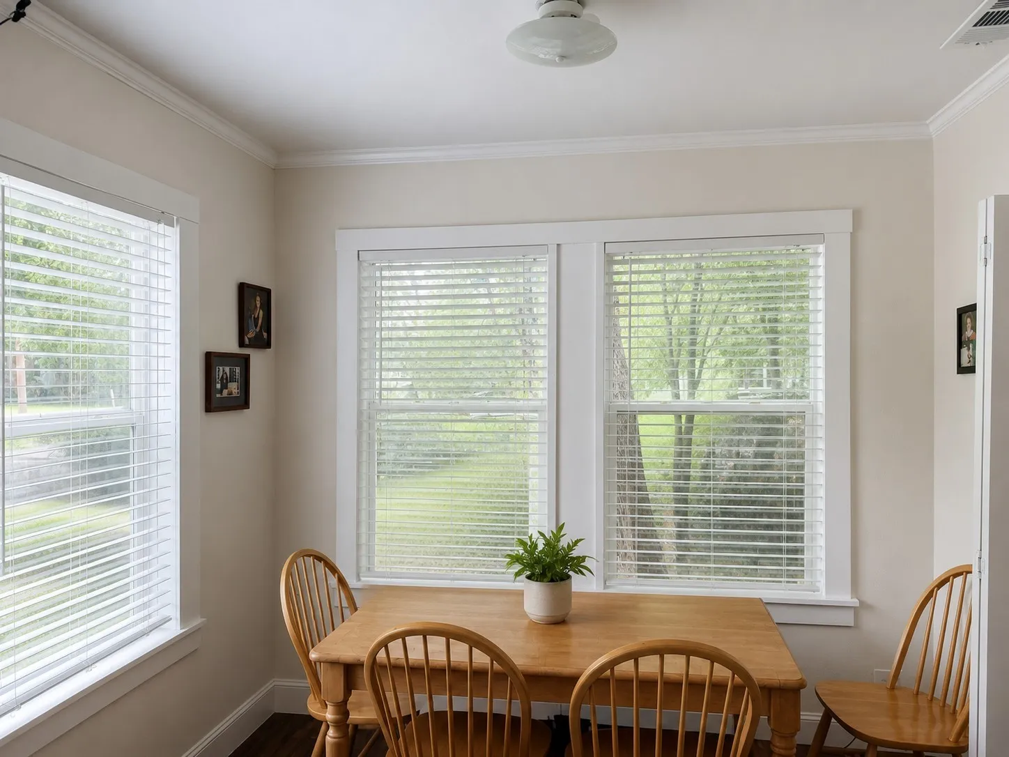 Dining area featuring multiple windows with blinds, crown molding, a ceiling-mounted light fixture, and dark wood-finish flooring