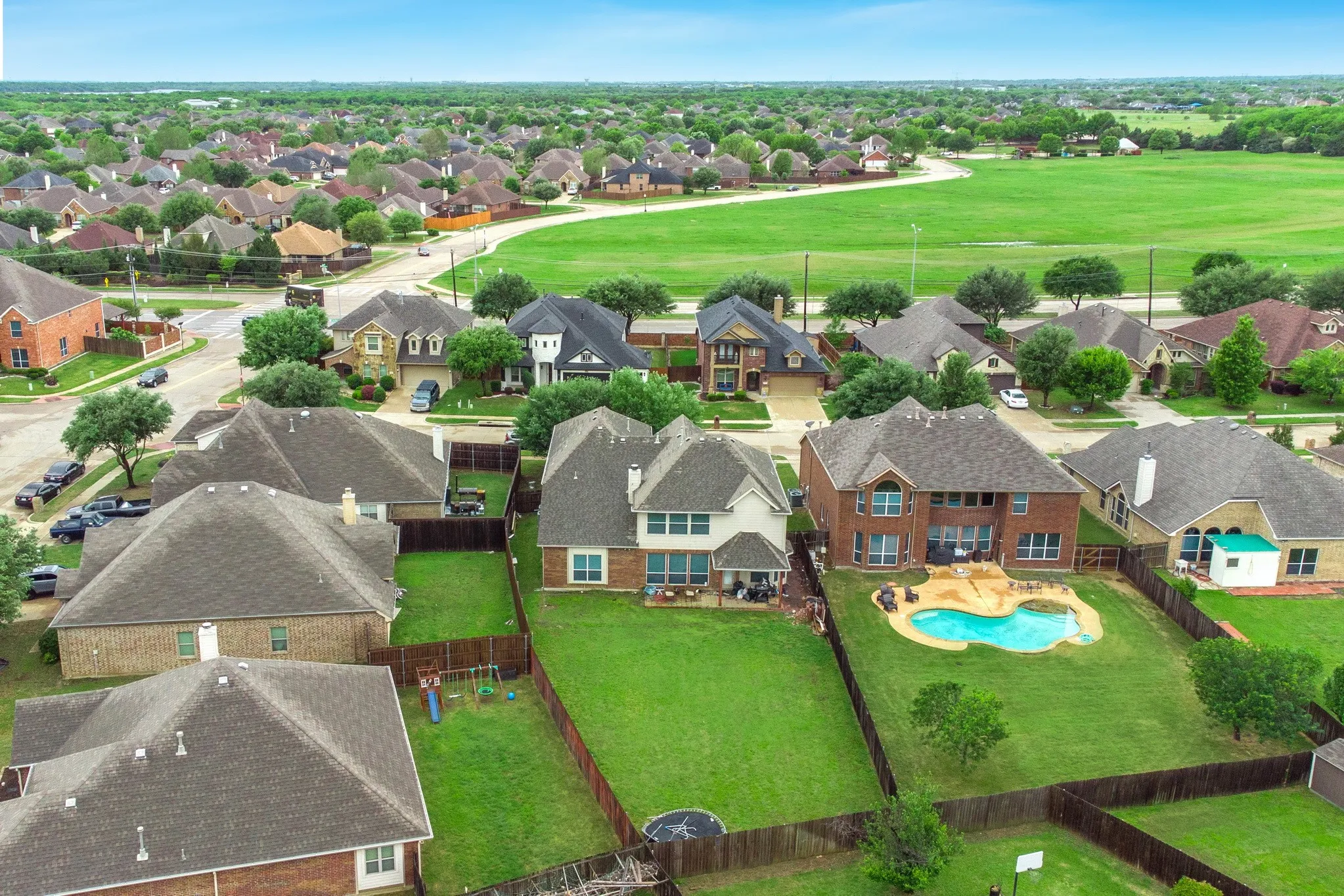 Aerial perspective showcasing a residential area with diverse home styles