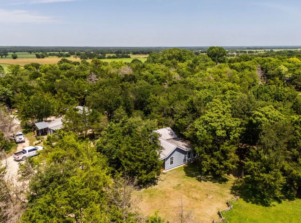 Aerial perspective showcasing two properties surrounded by abundant mature trees and expansive green spaces
