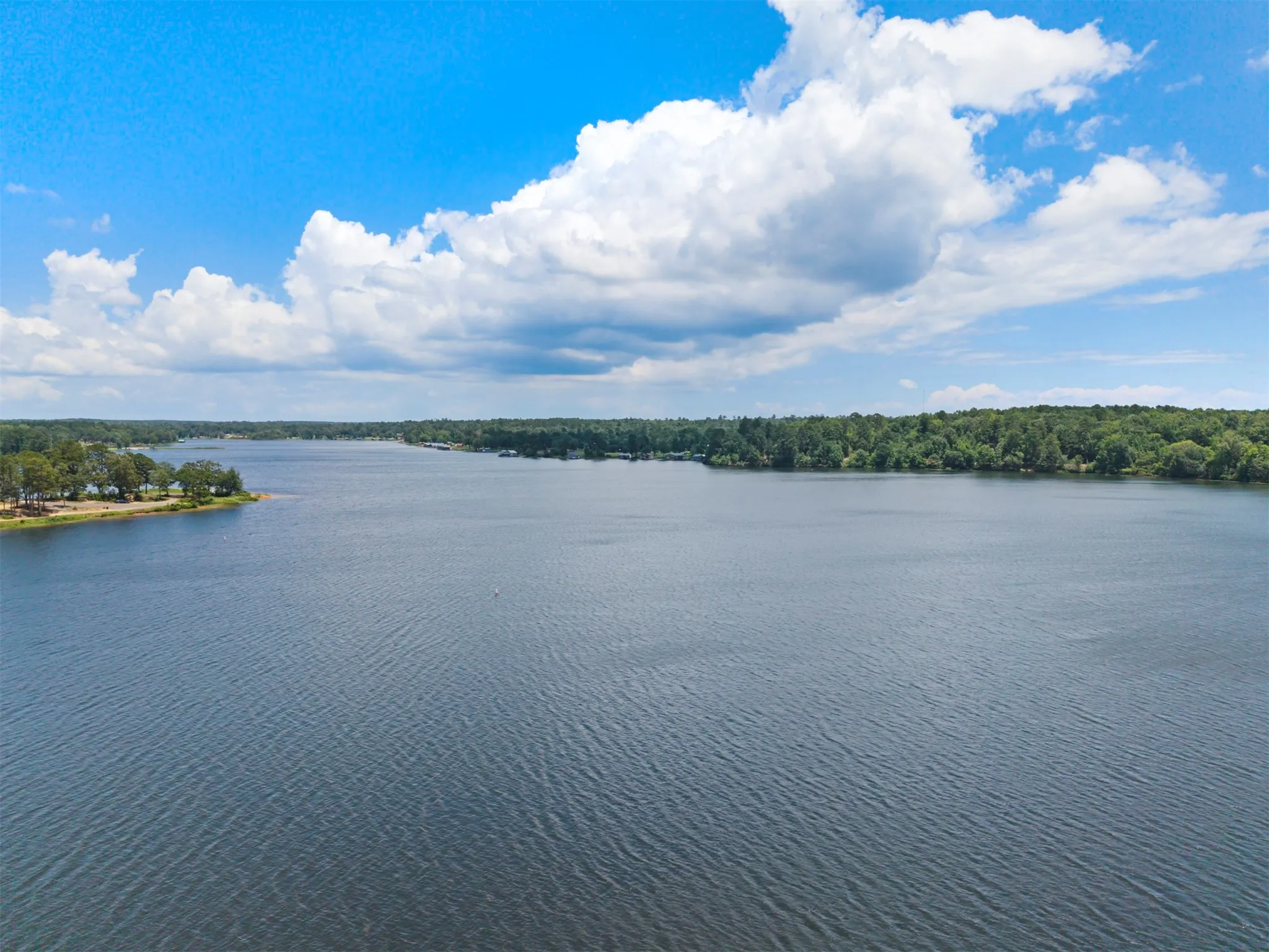 Expansive body of water bordered by lush green tree lines