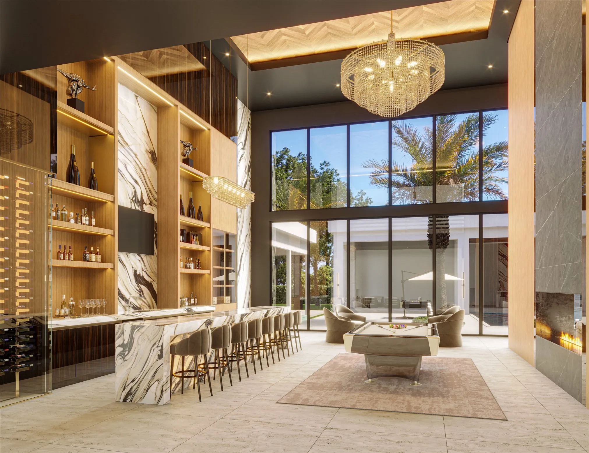 Grand entertaining space featuring a full-service bar with marble-finish countertop and integrated shelving, a floor-to-ceiling glass wine display, and an expansive window wall