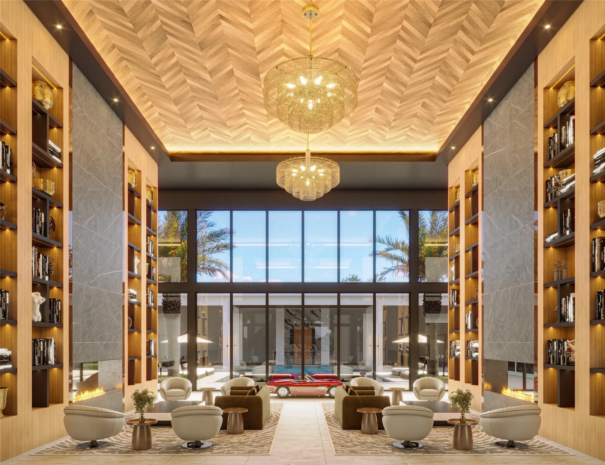 Two-story ceiling with chevron wood-finish paneling and embedded lighting