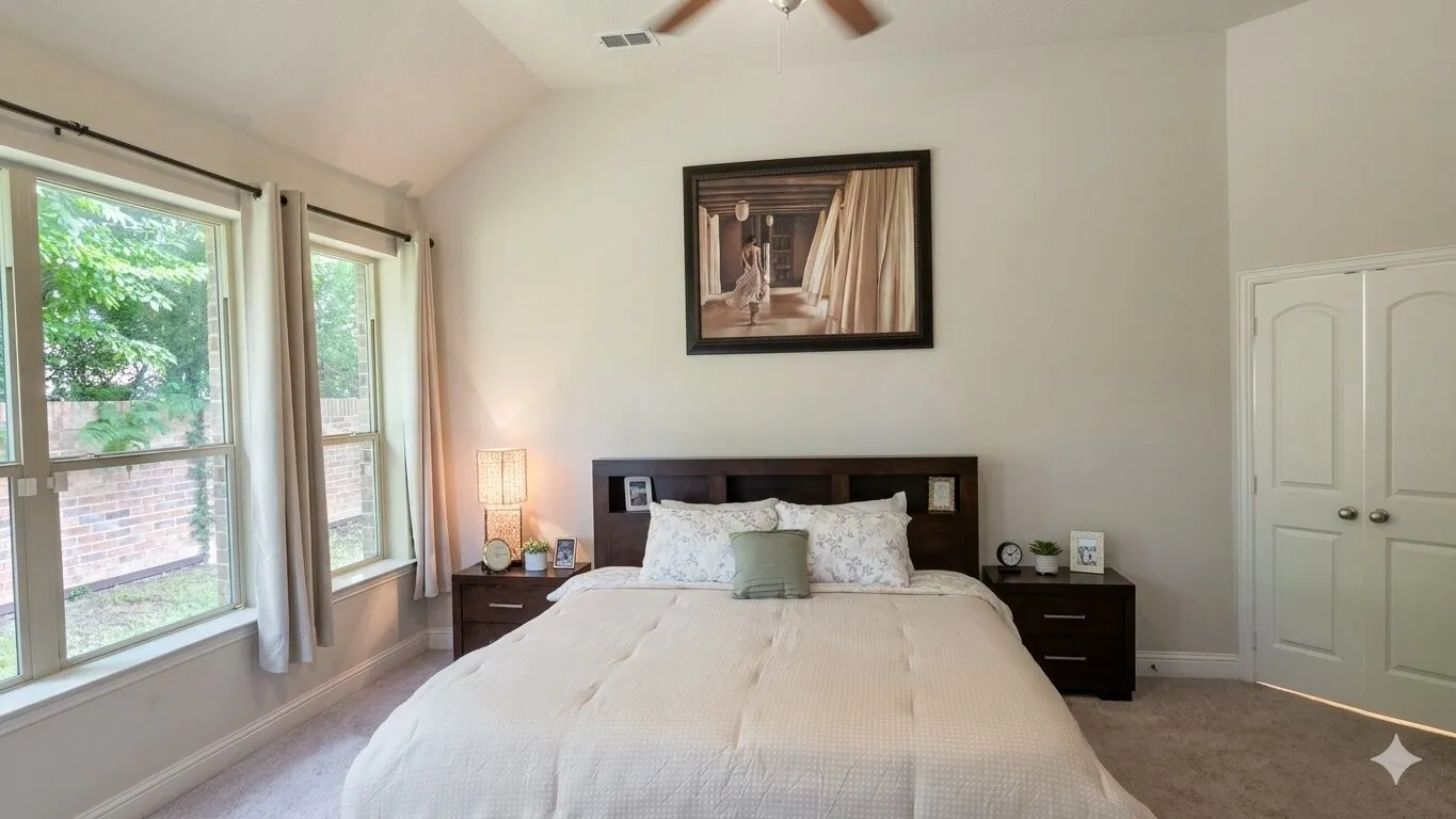 Vaulted ceiling bedroom featuring two large windows, a ceiling fan, and double-door closet access