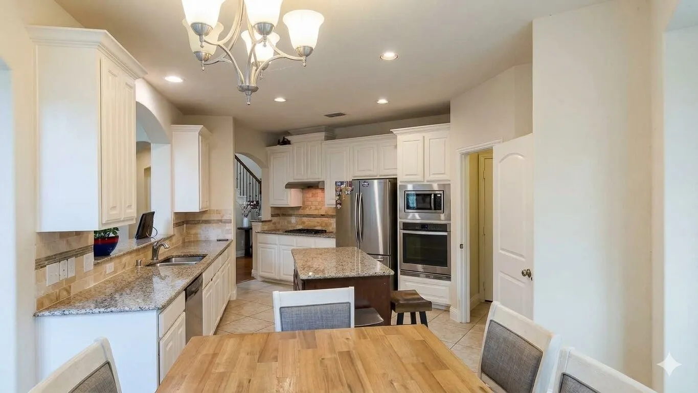Bright kitchen featuring white cabinetry, granite countertops, and stainless steel appliances including a built-in oven and microwave