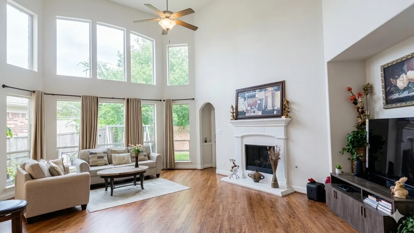 Spacious living area featuring double-height ceilings, wood-finish flooring, a white mantel fireplace, and a ceiling fan