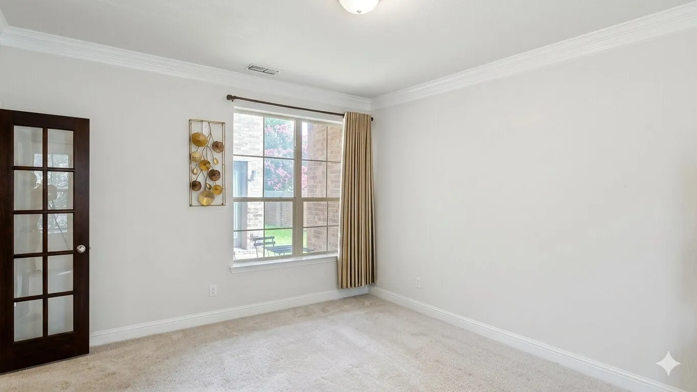 Carpeted interior space featuring a large window with natural light, crown molding, a dark-paneled door with glass inserts, and a flush-mount ceiling light