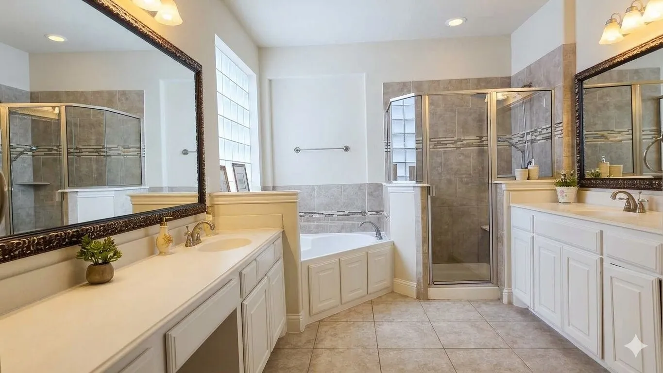 Bathroom featuring dual vanities with integrated sinks, a corner garden tub, and a separate glass-enclosed shower