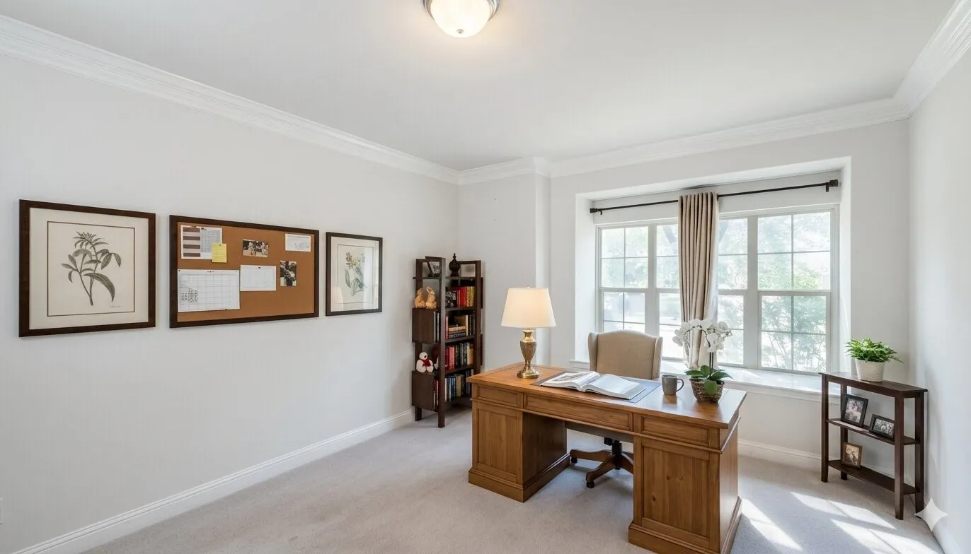 Room with light gray walls, white crown molding, and light-toned carpet flooring
