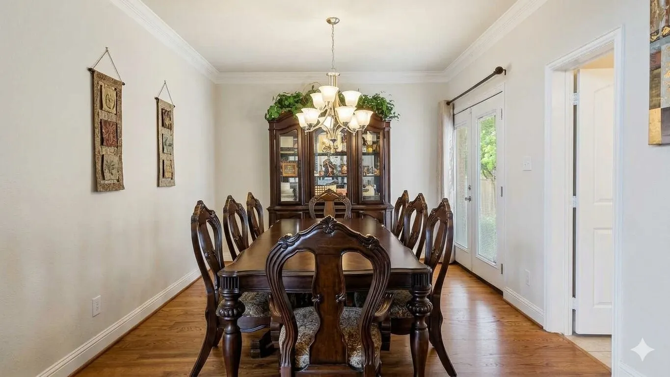 Spacious dining area featuring wood-finish flooring, crisp white walls, and elegant crown molding