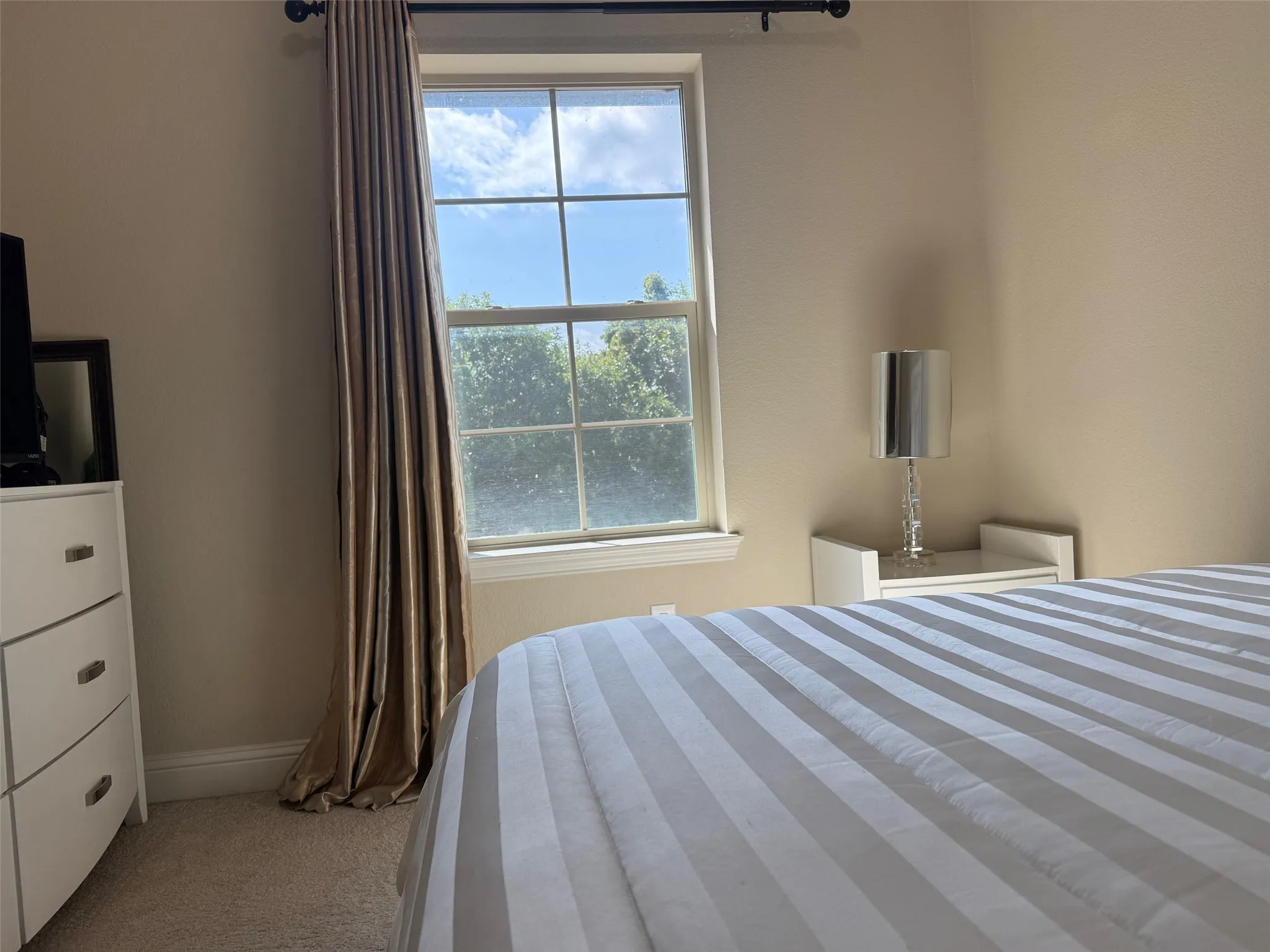 Window with grid pattern, neutral wall paint, and plush carpet