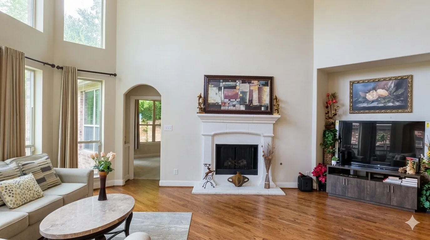 Two-story living area featuring wood-finish flooring, a white mantel fireplace with an arched firebox, and multiple large windows