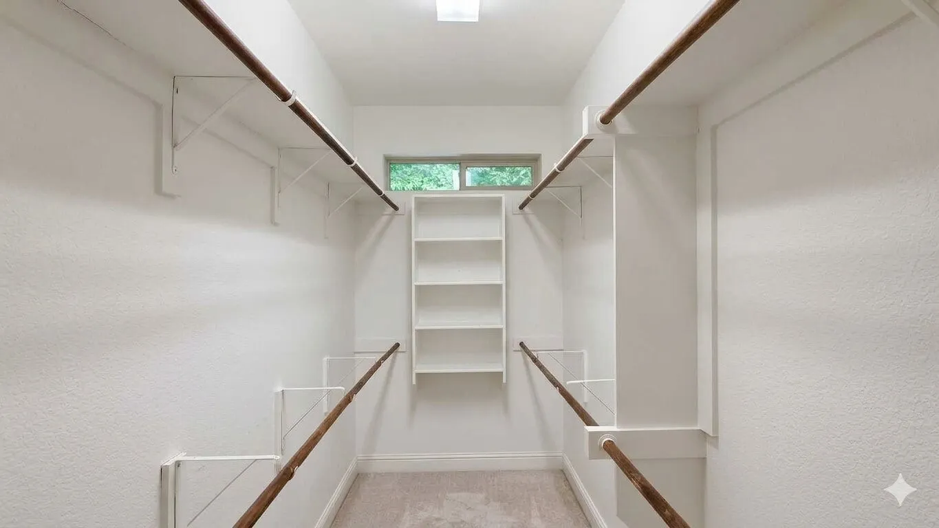 Walk-in closet featuring built-in shelving, dual hanging rods, and a high transom window