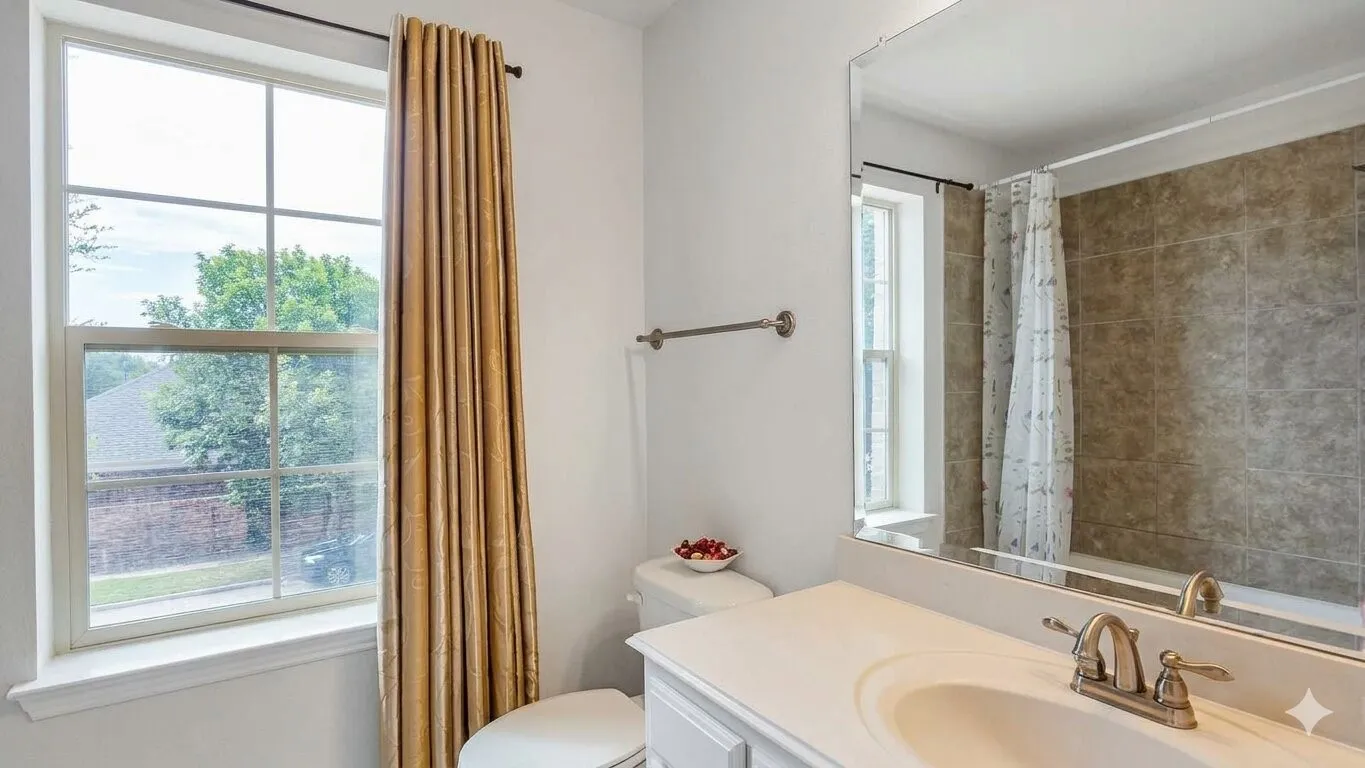 Bathroom featuring a single-pane window, a vanity with an integrated sink, a rectangular mirror, a toilet, and a tiled shower surround