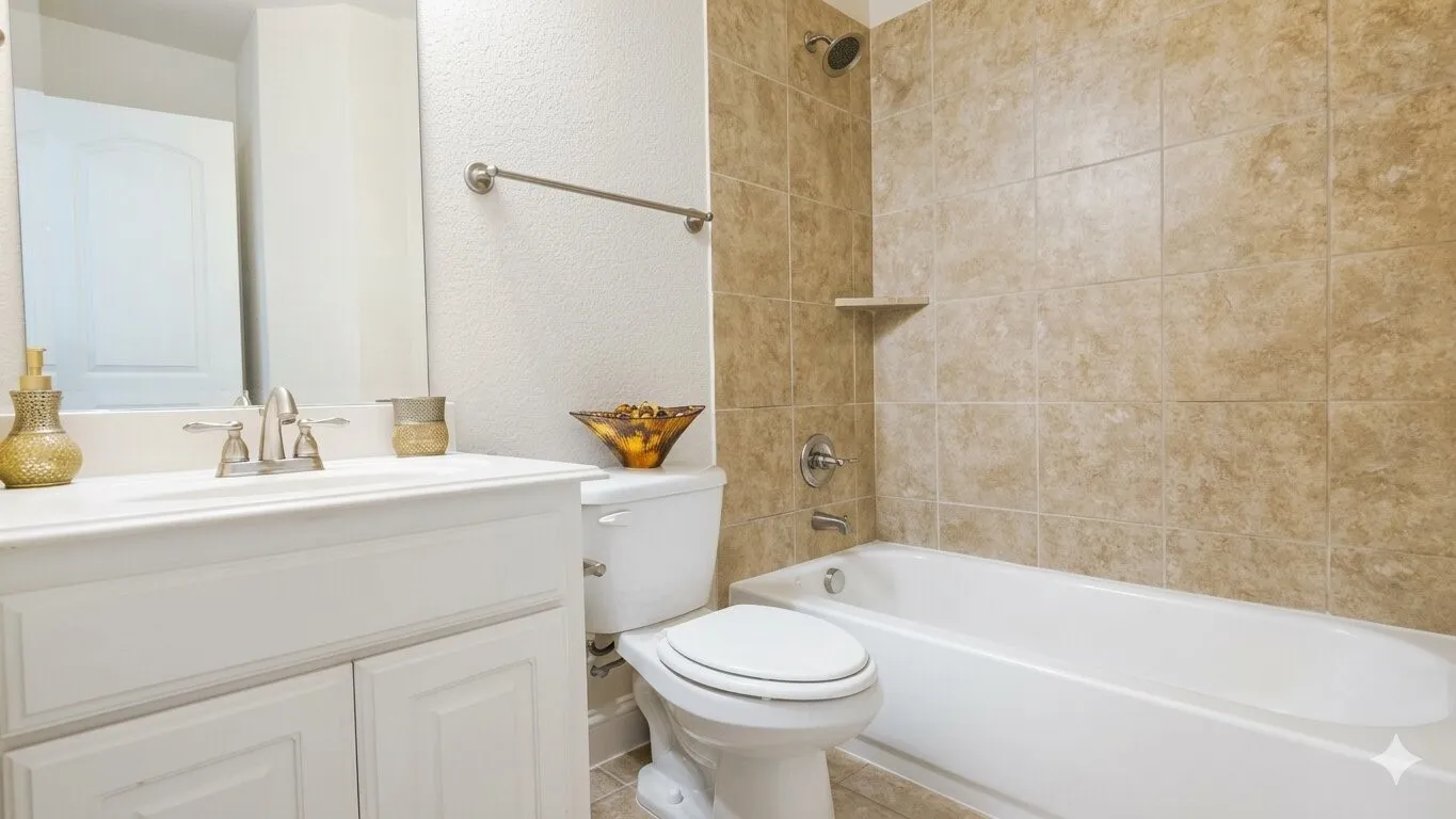 Bathroom featuring a white vanity with an integrated sink, brushed nickel faucet, and a large mirror