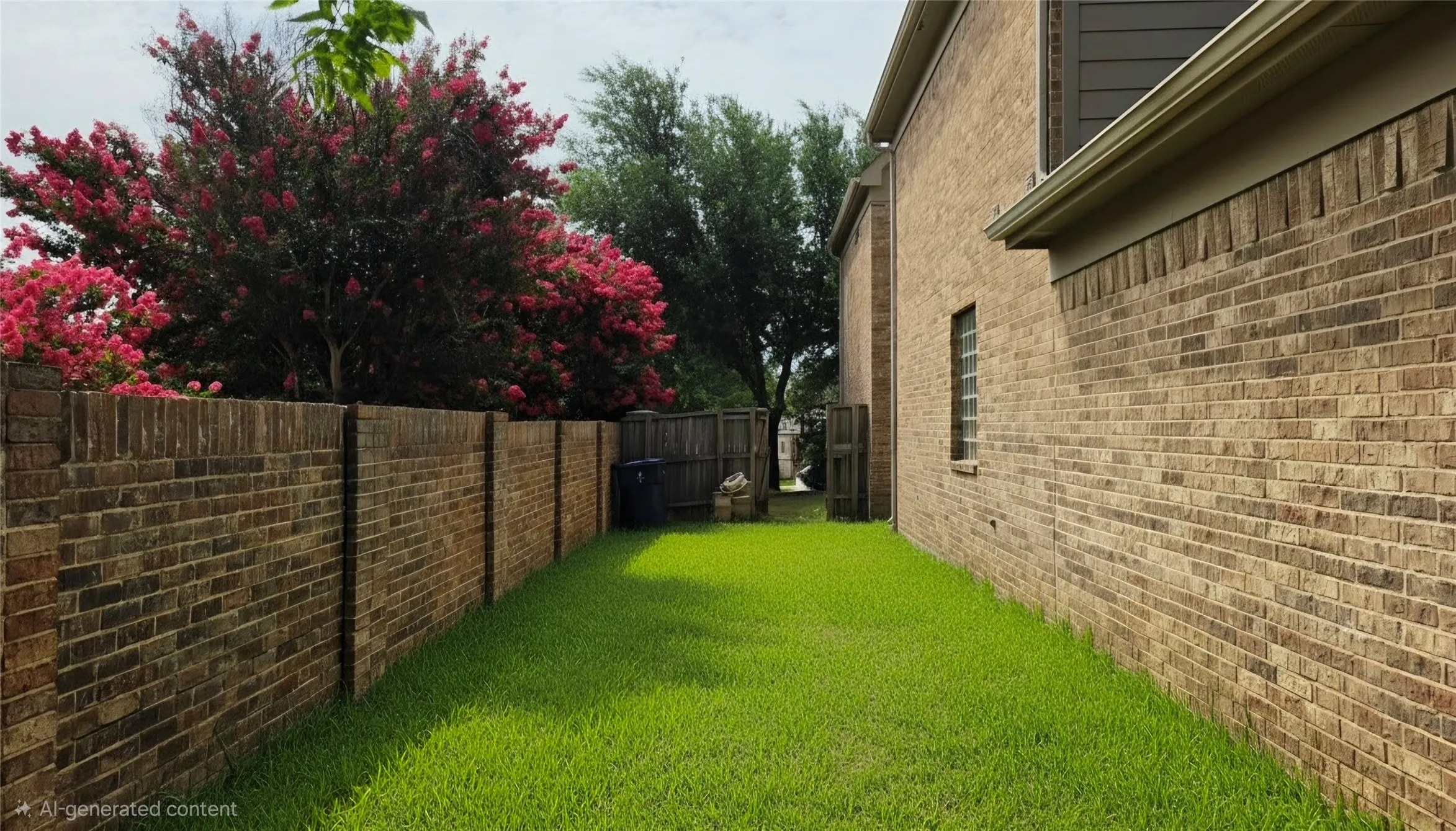 Exterior brick wall featuring horizontal siding and rain gutters