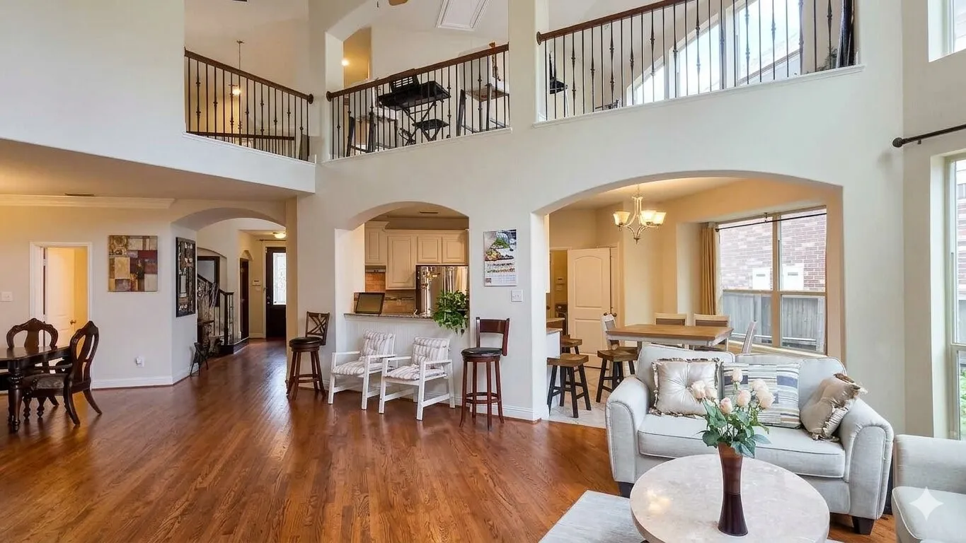 Open-concept living area featuring high ceilings, wood-finish flooring, a second-story balcony with iron balusters, arched doorways, and abundant natural light from large windows