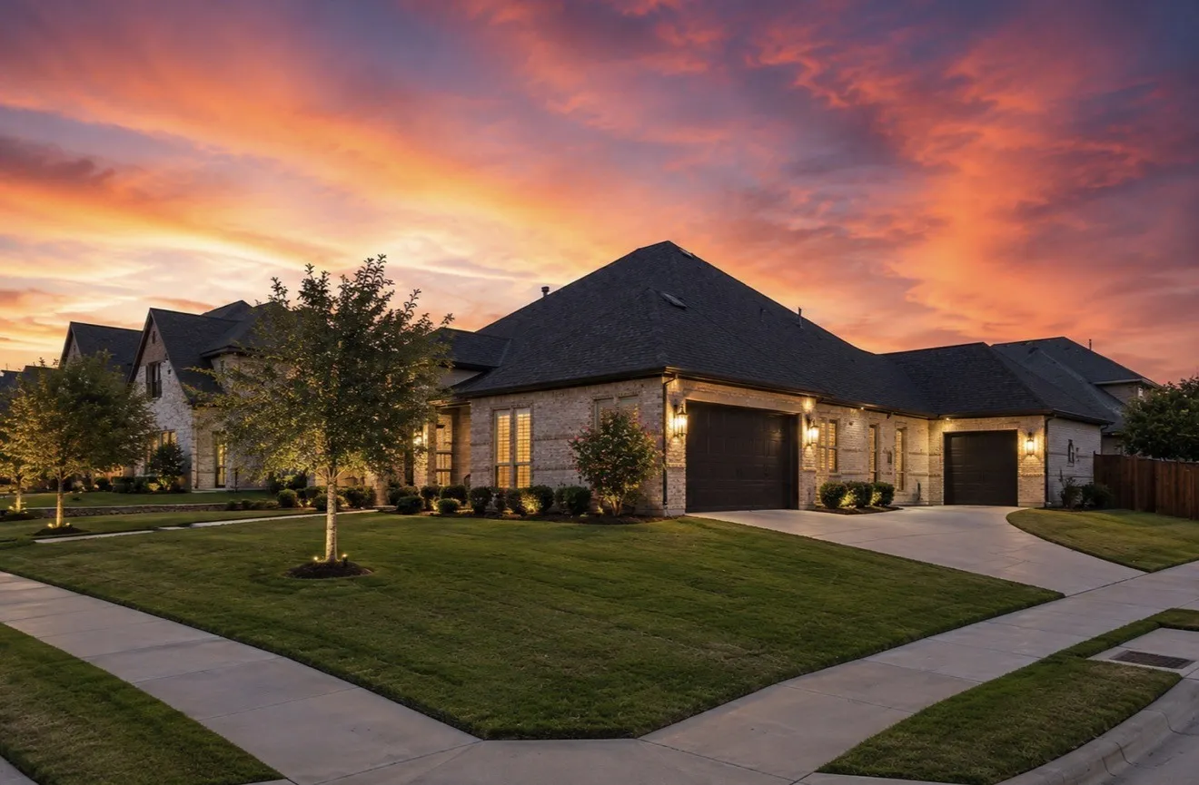Stone facade residence featuring a dark shingle roof, multiple garage doors, manicured lawn, and mature trees with landscape lighting