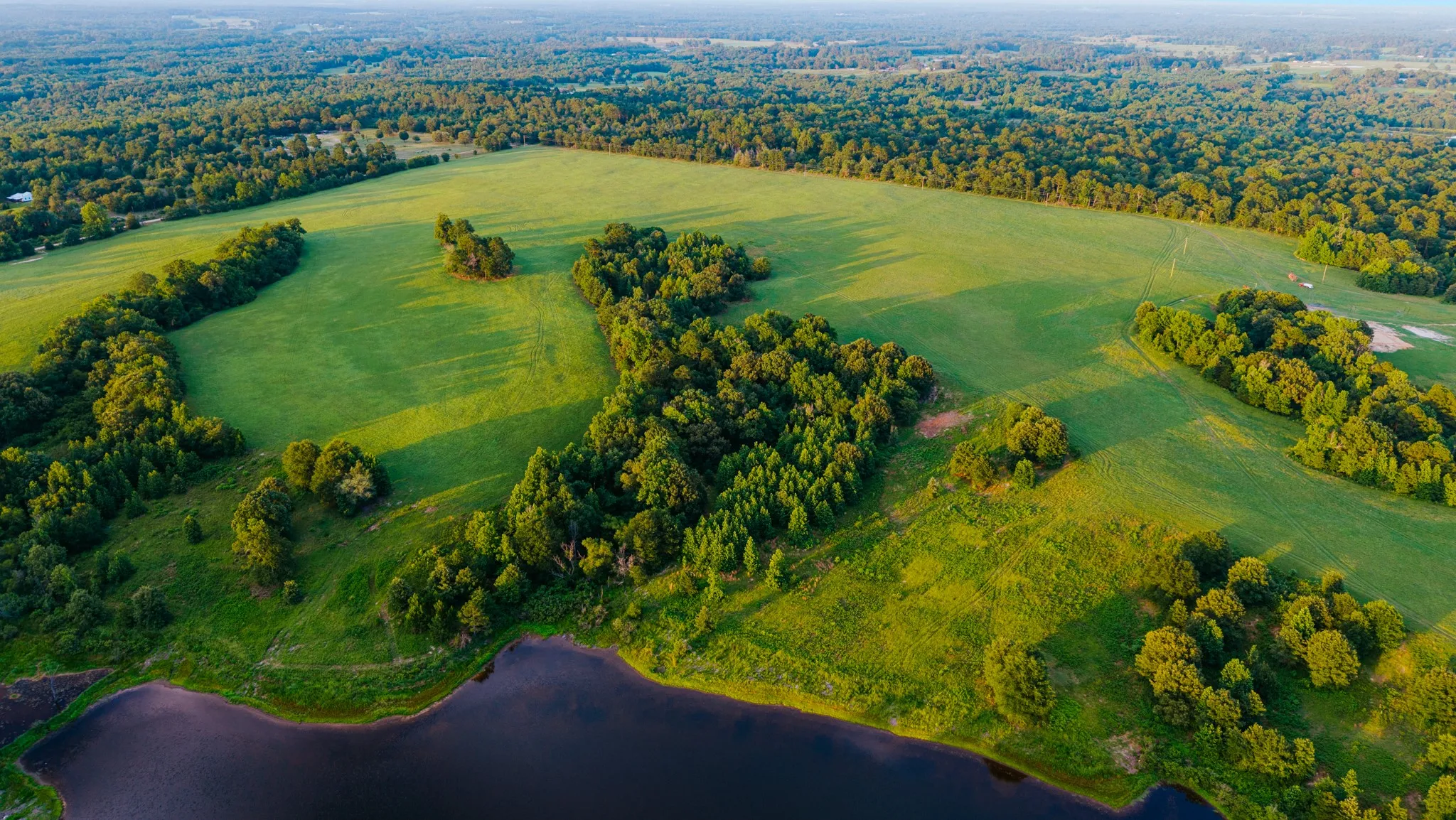 Expansive land parcel featuring open fields, wooded areas, and water frontage