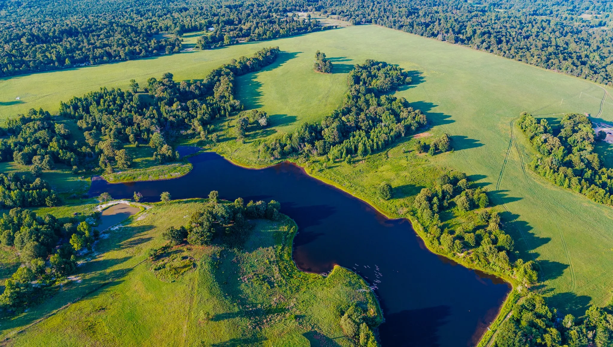 Expansive green acreage featuring a winding waterway, mature tree lines, and open fields