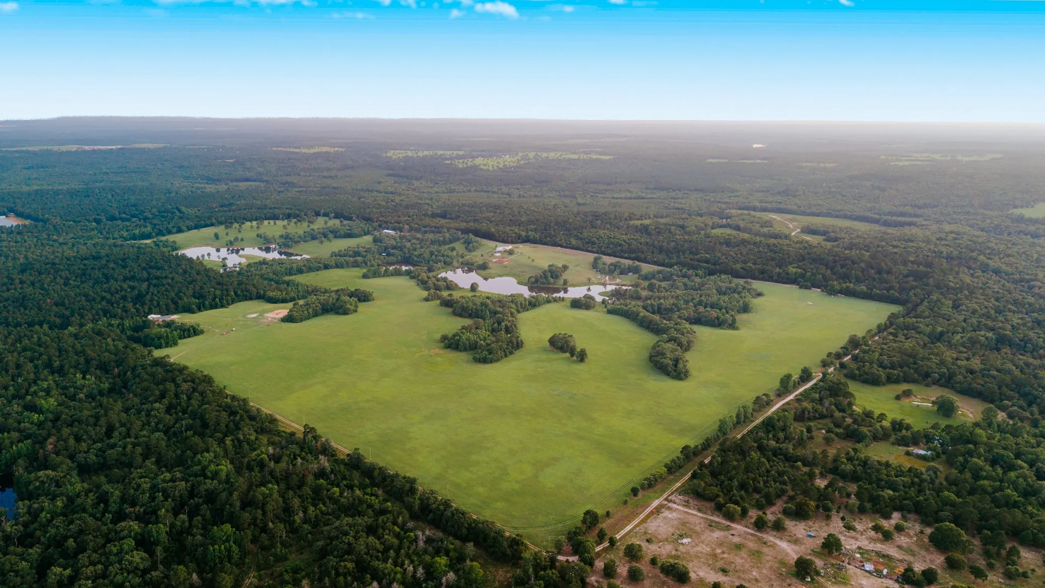 Expansive acreage featuring cleared pastures and surrounding dense woodlands