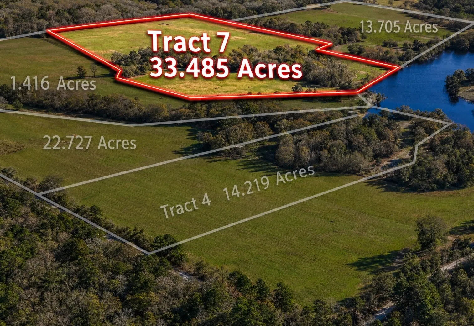 Aerial perspective showcasing Tract 7, a 33.485-acre parcel