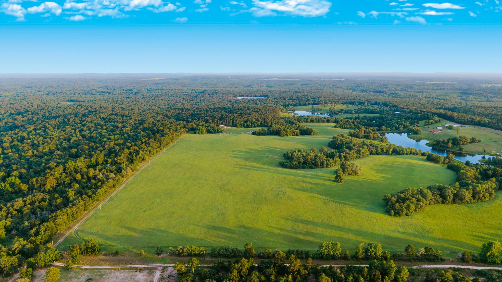 Expansive green acreage framed by mature woodlands, featuring multiple ponds and a clear blue sky overhead