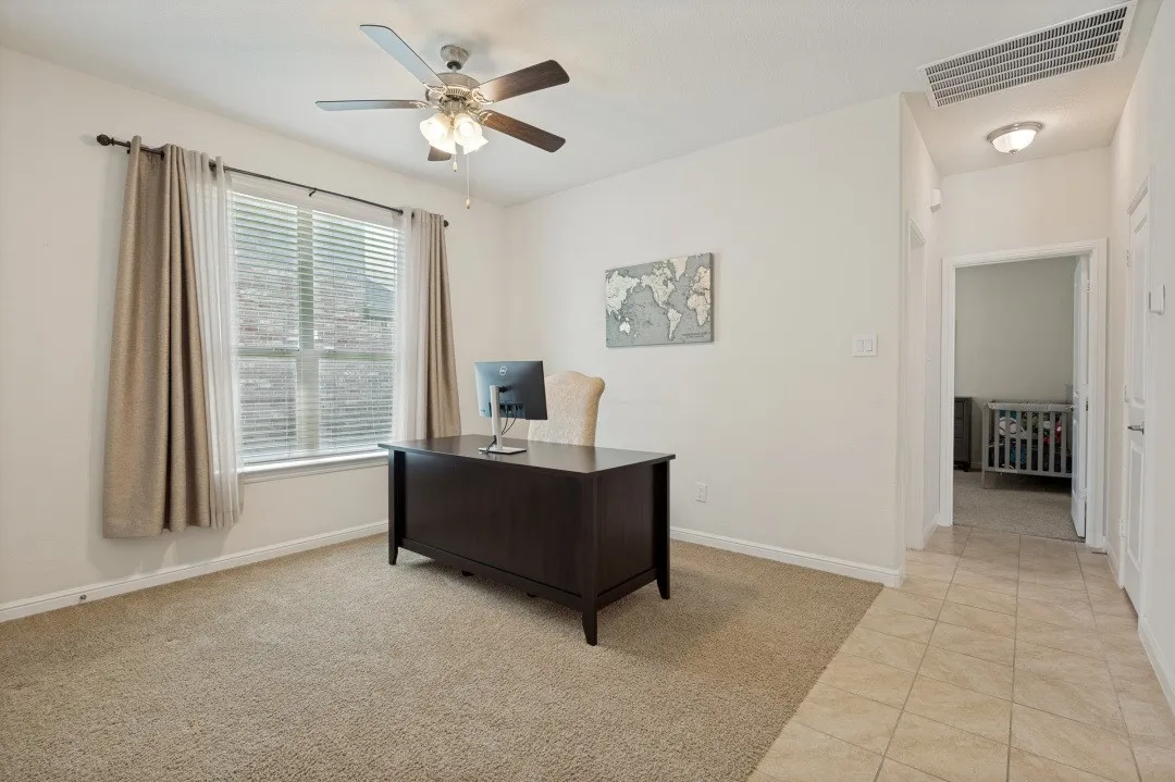 Carpeted room with a ceiling fan, a window with blinds, and white wall paint
