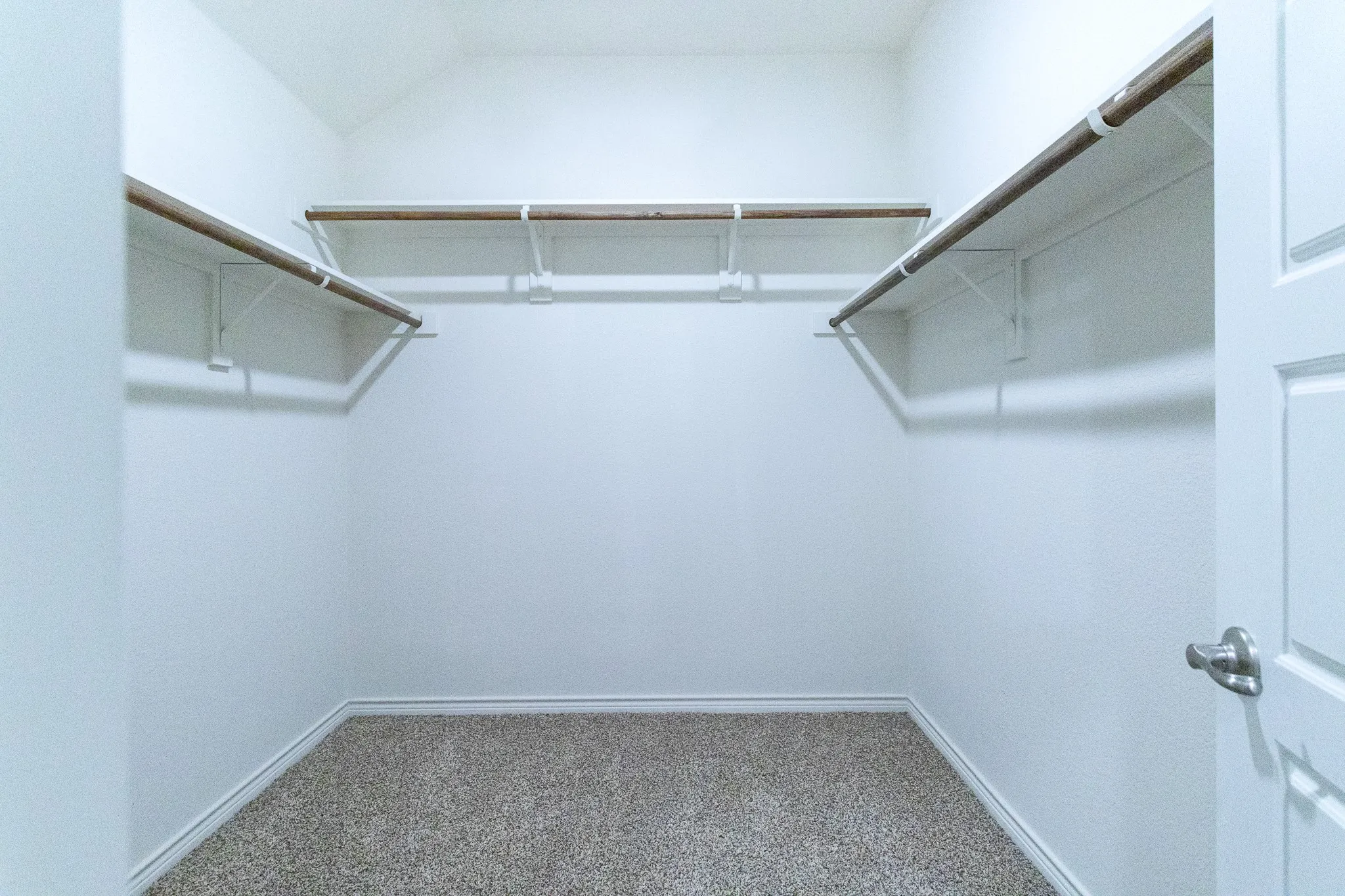 Spacious walk-in closet featuring white walls, multi-tiered shelving, wood-finish rods, and neutral-toned carpeting
