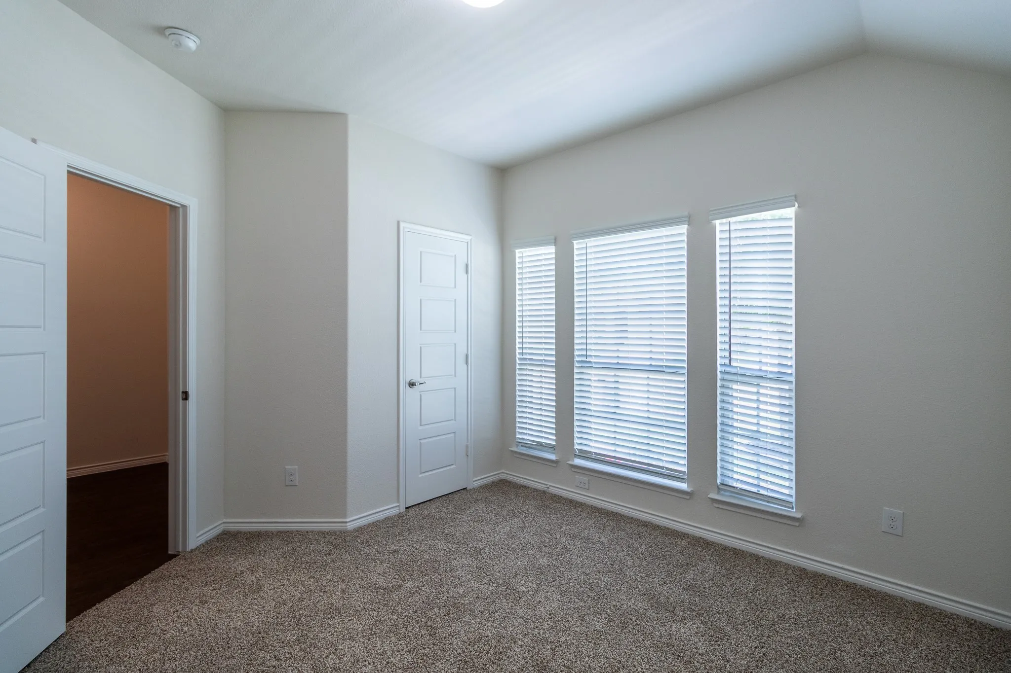 Carpeted interior space with vaulted ceilings, multiple windows, white window blinds, and white paneled doors