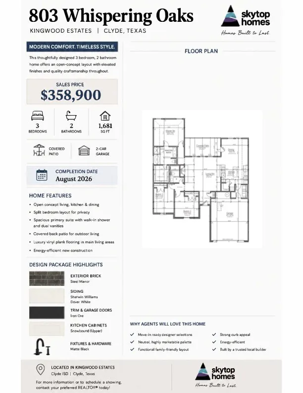 Single Family Residence For Sale in Callahan County , 803 Whispering Oaks, Clyde, Texas 79510, 3 Bedroom, 2 Bathroom, 2 Garage spaces, 1,681 Sqft, built in 2026, mls#21314379, Real Estate Agent in Clyde, Homes For Sale in Callahan county, Homes For Sale in Clyde, Realtor in Clyde Texas, Real Estate Brokerage Independent Realty Texas, Luminita Cordes Realtor