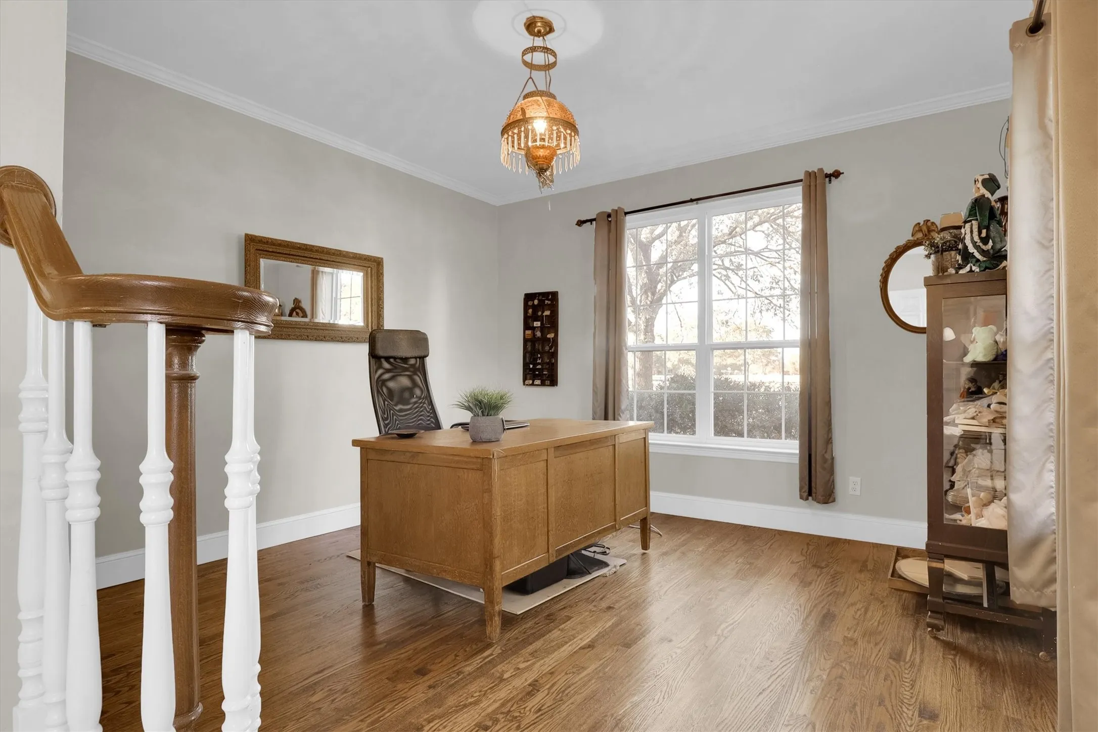 Office space with ornamental molding and wood finished floors