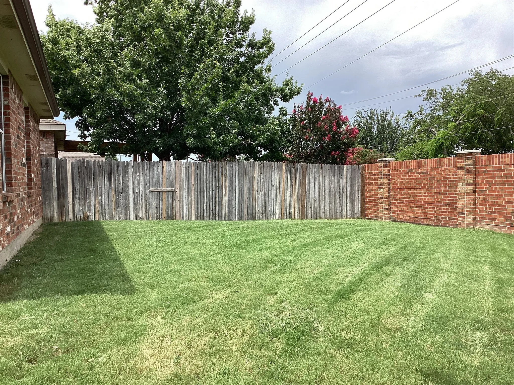 Expansive backyard featuring a lush green lawn, full privacy fencing, and brick perimeter wall detailing