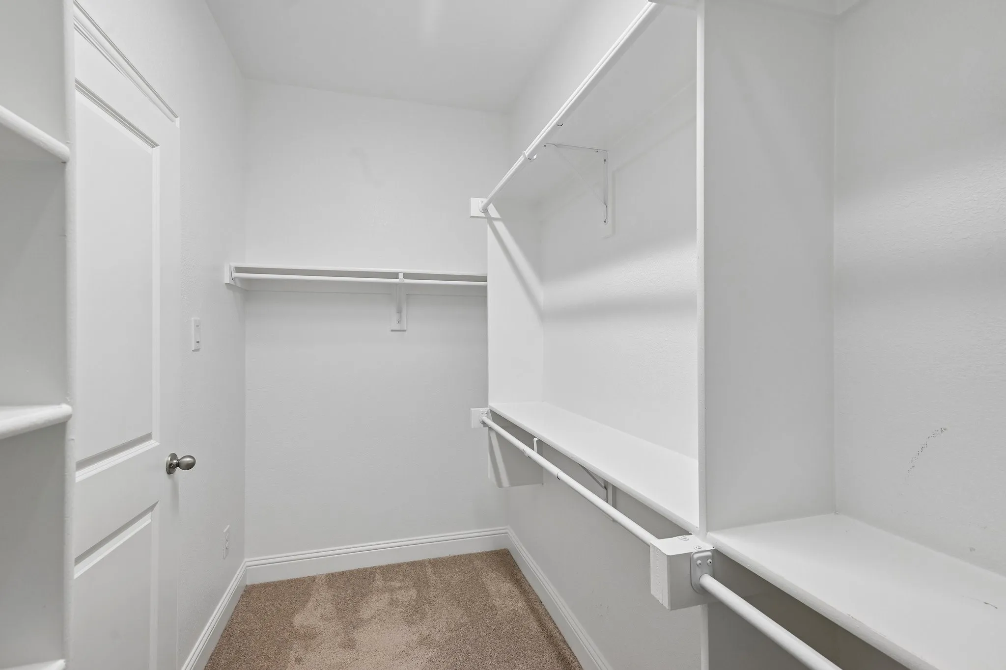 Walk-in closet featuring built-in shelving, multiple hanging rods, and neutral carpet flooring